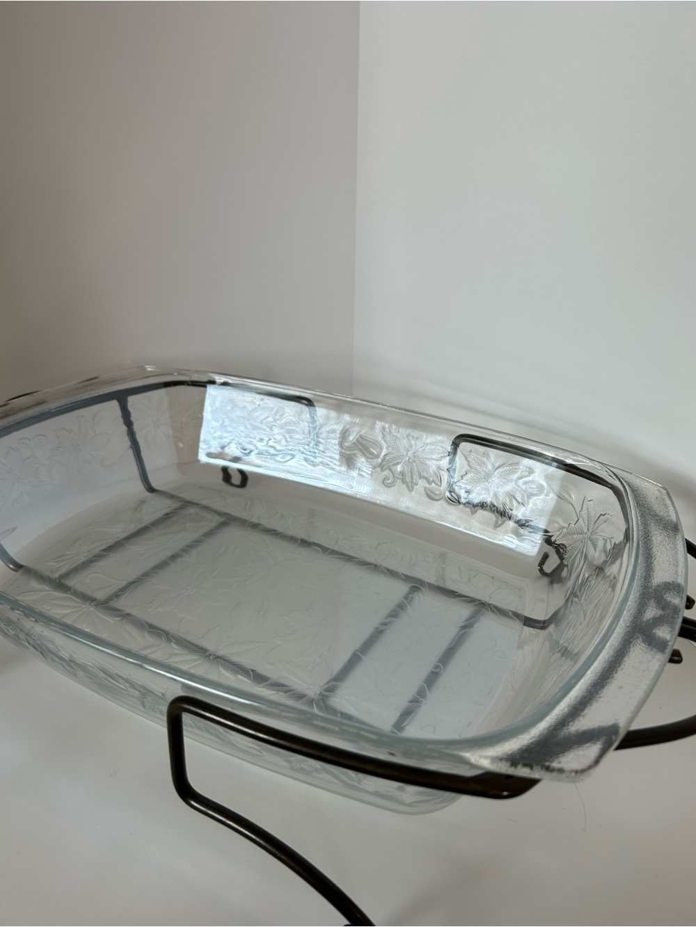 Princess House Large Clear Floral Glass Baking Dish with Black Metal Stand